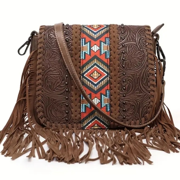 NEW Preppy Clueless Brown Embroidered Fringe Crossbody Bag - Picture 1 of 6